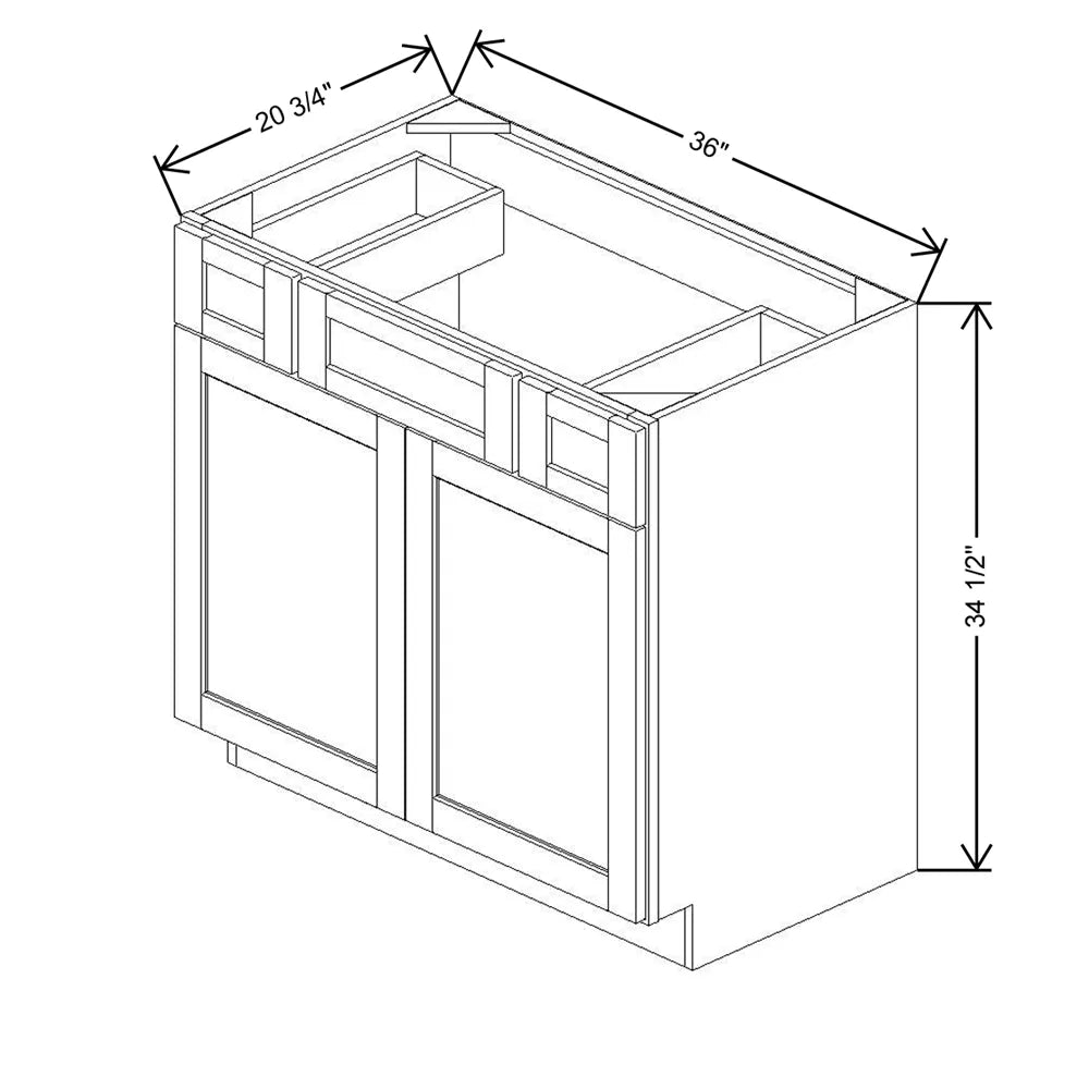 36" W X 34 1/2" H X 20 3/4" D Vanity Sink Base With Top Drawers