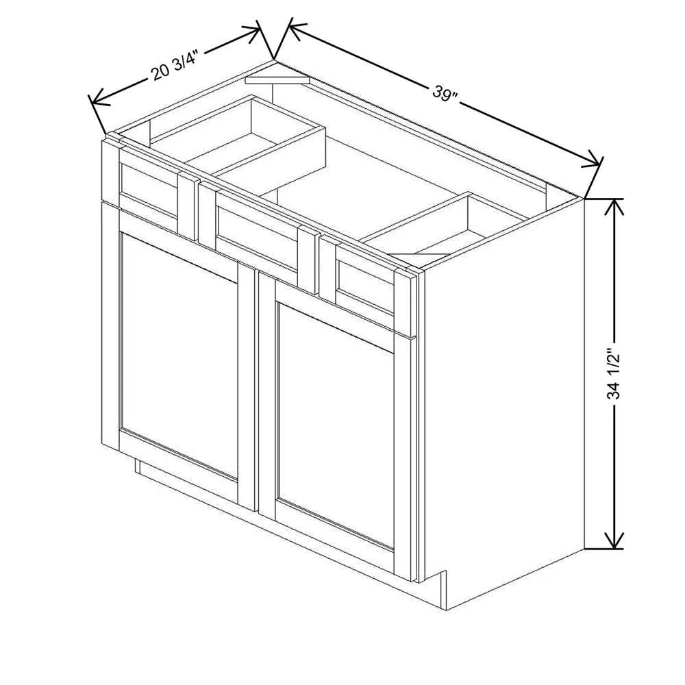 39" W X 34 1/2" H X 20 3/4" D Vanity Sink Base With Top Drawers