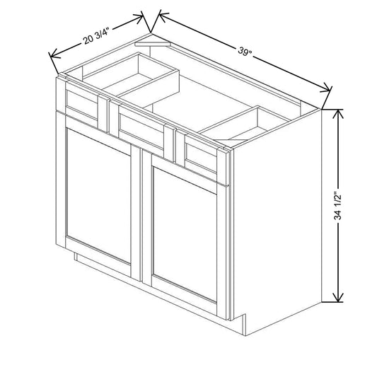 39" W X 34 1/2" H X 20 3/4" D Vanity Sink Base With Top Drawers