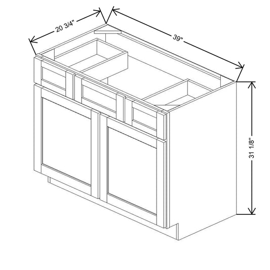 39" W X 31 1/8" H X 20 3/4" D Vanity Sink Base With Top Drawers