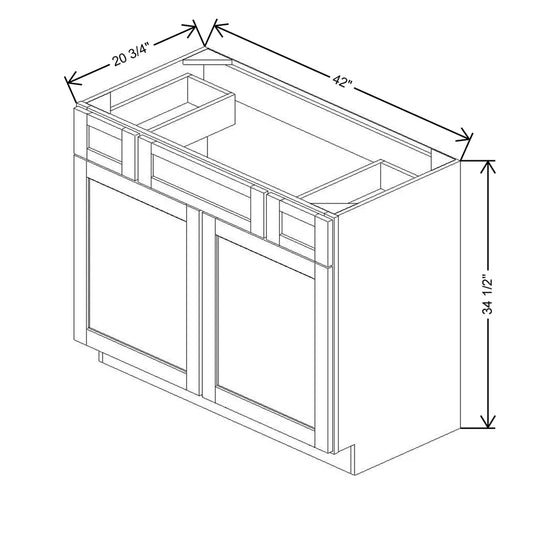 42" W X 34 1/2" H X 20 3/4" D Vanity Sink Base With Top Drawers