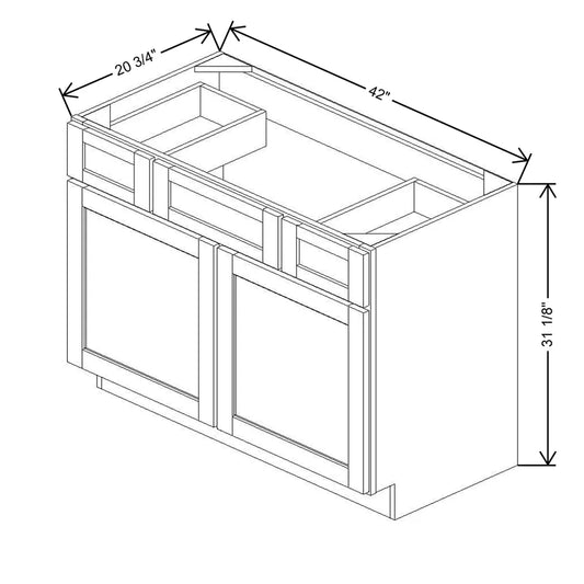 42" W X 31 1/8" H X 20 3/4" D Vanity Sink Base With Top Drawers